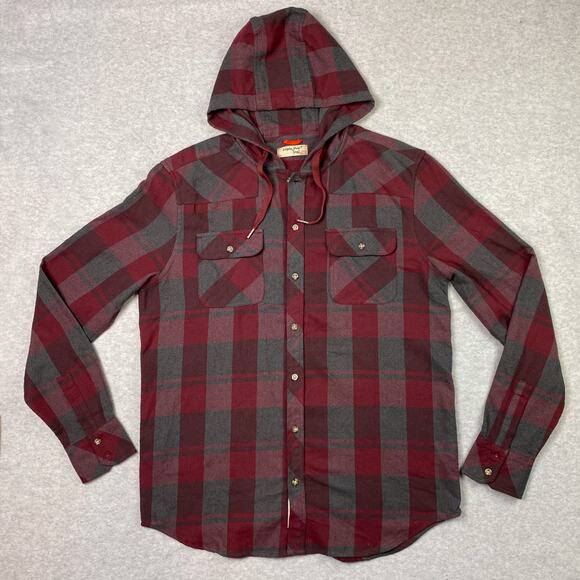 Triple Five Soul Other - Triple Five Soul Mens L Hooded Shirt Long Sleeve Button Up Red Grey Plaid